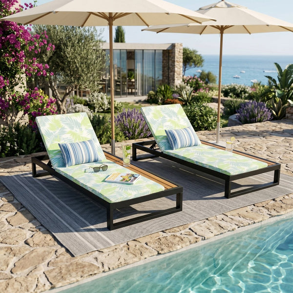 English Elm Black Iron and Acacia Wood Outdoor Chaise Lounge with Five Position Backrest Storage Leaf Coconut N770P453069B_N770P253018L