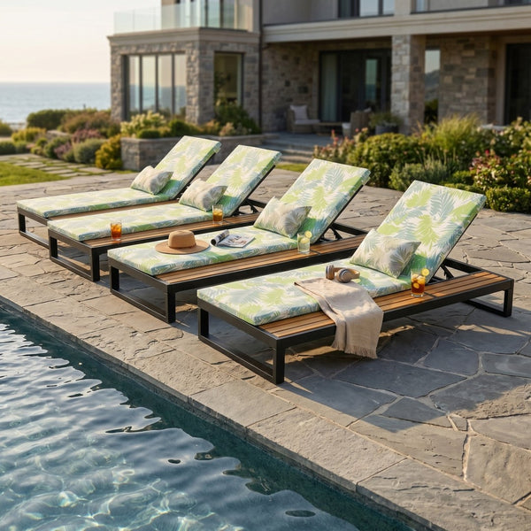 English Elm Black Iron and Acacia Wood Outdoor Chaise Lounge with Five Position Backrest Storage Leaf Coconut N770P453069B_N770P253018L