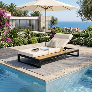 English Elm Black Iron and Teak Outdoor Chaise Lounge with Cushion Patio Poolside Recliner Beige N770P453069B_N770P285267B