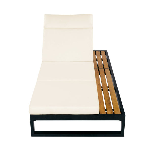 English Elm Black Iron and Teak Outdoor Chaise Lounge with Cushion Patio Poolside Recliner Beige N770P453069B_N770P285267B