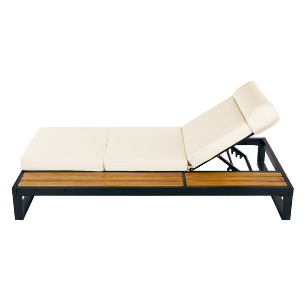English Elm Black Iron and Teak Outdoor Chaise Lounge with Cushion Patio Poolside Recliner Beige N770P453069B_N770P285267B
