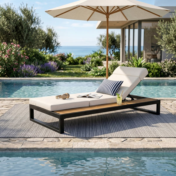 English Elm Black Iron and Teak Outdoor Chaise Lounge with Cushion Patio Poolside Recliner Beige N770P453069B_N770P285267B