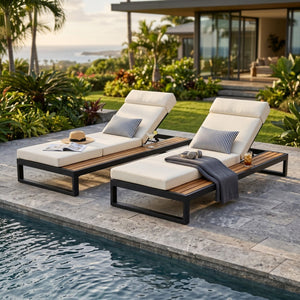 English Elm Black Iron and Teak Outdoor Chaise Lounge with Cushion Patio Poolside Recliner Beige N770P453069B_N770P285267B