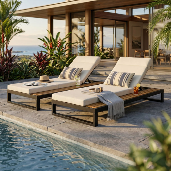 English Elm Black Iron and Teak Outdoor Chaise Lounge with Cushion Patio Poolside Recliner Beige N770P453069B_N770P285267B