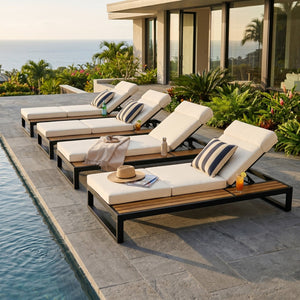 English Elm Black Iron and Teak Outdoor Chaise Lounge with Cushion Patio Poolside Recliner Beige N770P453069B_N770P285267B