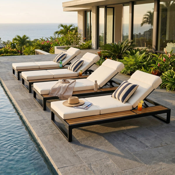 English Elm Black Iron and Teak Outdoor Chaise Lounge with Cushion Patio Poolside Recliner Beige N770P453069B_N770P285267B