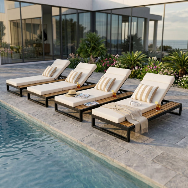 English Elm Black Iron and Teak Outdoor Chaise Lounge with Cushion Patio Poolside Recliner Beige N770P453069B_N770P285267B