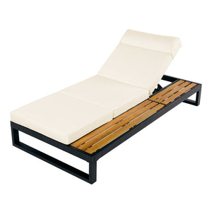 English Elm Black Iron and Teak Outdoor Chaise Lounge with Cushion Patio Poolside Recliner Beige N770P453069B_N770P285267B