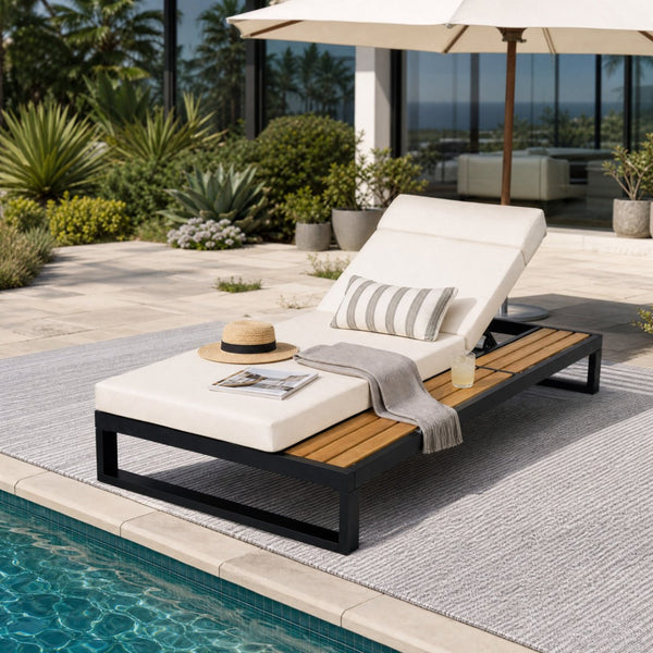 English Elm Black Iron and Teak Outdoor Chaise Lounge with Cushion Patio Poolside Recliner Cream N770P453069B_N770P285267C