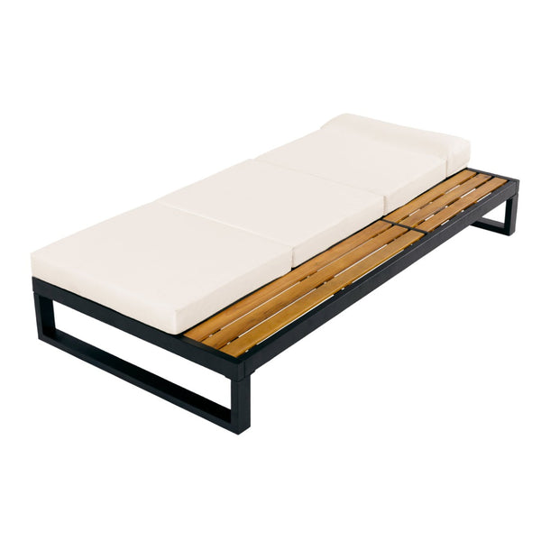 English Elm Black Iron and Teak Outdoor Chaise Lounge with Cushion Patio Poolside Recliner Cream N770P453069B_N770P285267C