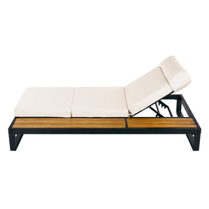 English Elm Black Iron and Teak Outdoor Chaise Lounge with Cushion Patio Poolside Recliner Cream N770P453069B_N770P285267C