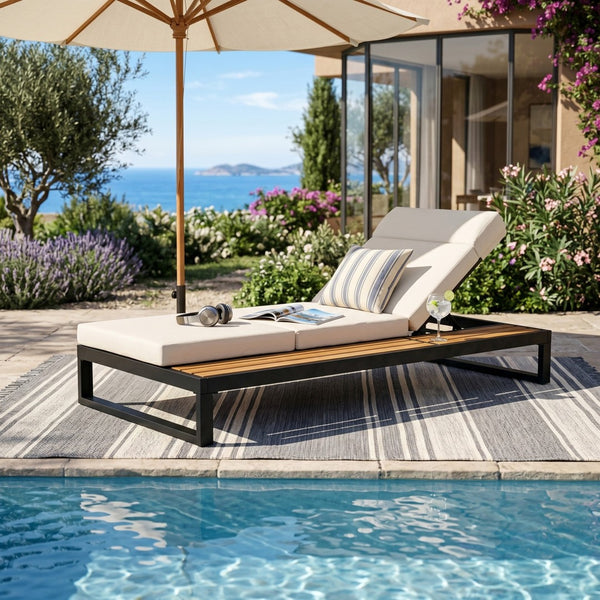 English Elm Black Iron and Teak Outdoor Chaise Lounge with Cushion Patio Poolside Recliner Cream N770P453069B_N770P285267C