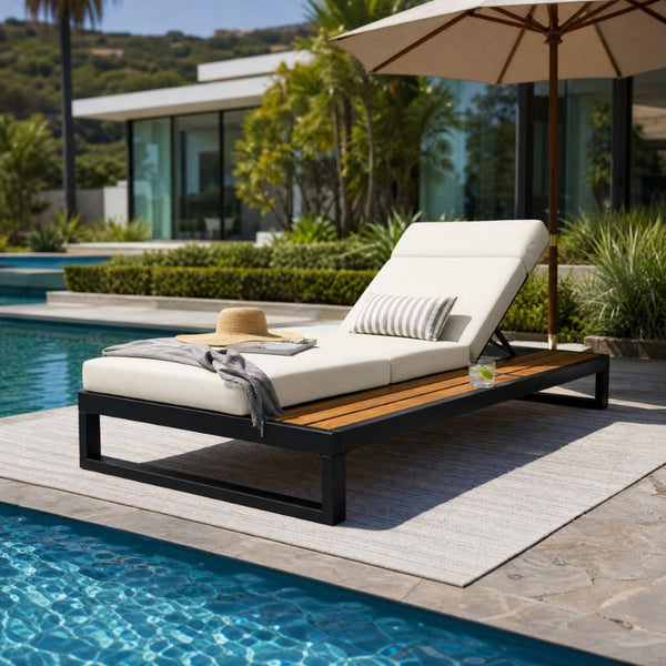 English Elm Black Iron and Teak Outdoor Chaise Lounge with Cushion Patio Poolside Recliner Cream N770P453069B_N770P285267C