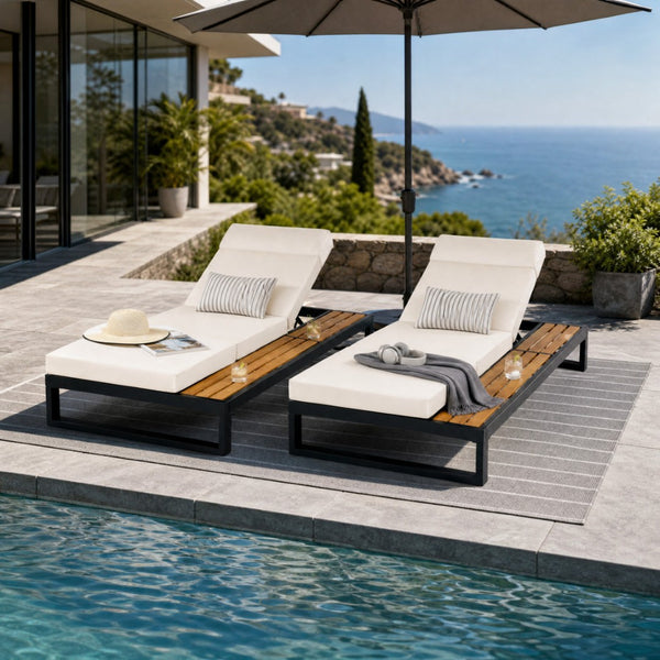 English Elm Black Iron and Teak Outdoor Chaise Lounge with Cushion Patio Poolside Recliner Cream N770P453069B_N770P285267C