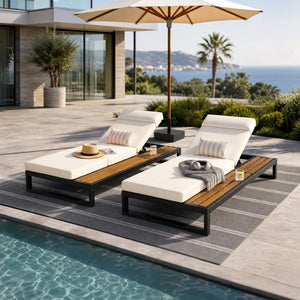 English Elm Black Iron and Teak Outdoor Chaise Lounge with Cushion Patio Poolside Recliner Cream N770P453069B_N770P285267C
