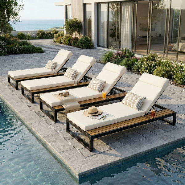 English Elm Black Iron and Teak Outdoor Chaise Lounge with Cushion Patio Poolside Recliner Cream N770P453069B_N770P285267C