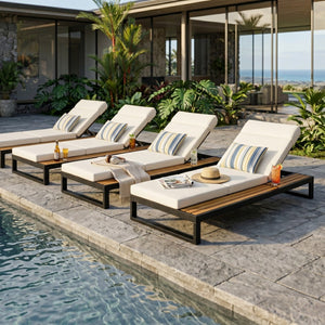 English Elm Black Iron and Teak Outdoor Chaise Lounge with Cushion Patio Poolside Recliner Cream N770P453069B_N770P285267C