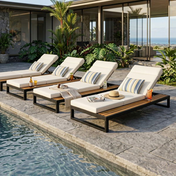 English Elm Black Iron and Teak Outdoor Chaise Lounge with Cushion Patio Poolside Recliner Cream N770P453069B_N770P285267C