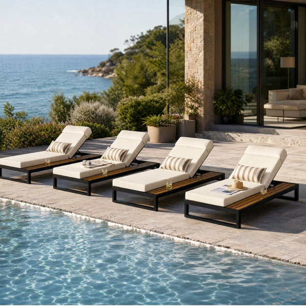 English Elm Black Iron and Teak Outdoor Chaise Lounge with Cushion Patio Poolside Recliner Cream N770P453069B_N770P285267C