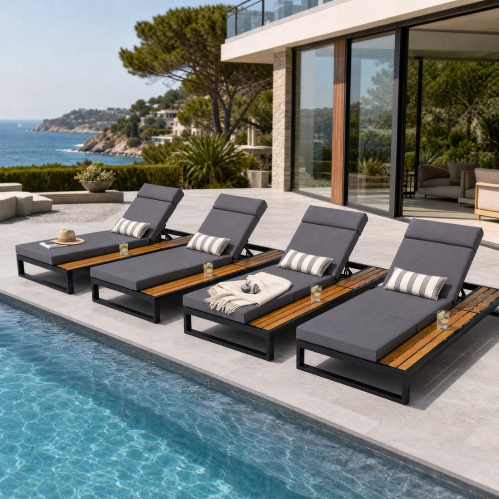 English Elm Black Iron and Teak Outdoor Chaise Lounge with Cushion Patio Poolside Recliner Dark Grey N770P453069B_N770P285267G