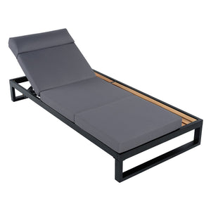 English Elm Black Iron and Teak Outdoor Chaise Lounge with Cushion Patio Poolside Recliner Dark Grey N770P453069B_N770P285267G