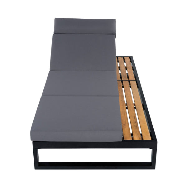 English Elm Black Iron and Teak Outdoor Chaise Lounge with Cushion Patio Poolside Recliner Dark Grey N770P453069B_N770P285267G