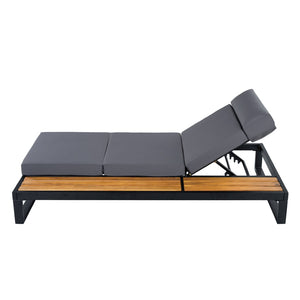 English Elm Black Iron and Teak Outdoor Chaise Lounge with Cushion Patio Poolside Recliner Dark Grey N770P453069B_N770P285267G