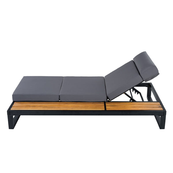 English Elm Black Iron and Teak Outdoor Chaise Lounge with Cushion Patio Poolside Recliner Dark Grey N770P453069B_N770P285267G