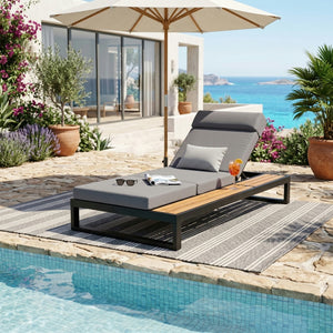 English Elm Black Iron and Teak Outdoor Chaise Lounge with Cushion Patio Poolside Recliner Dark Grey N770P453069B_N770P285267G