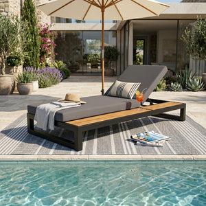 English Elm Black Iron and Teak Outdoor Chaise Lounge with Cushion Patio Poolside Recliner Dark Grey N770P453069B_N770P285267G