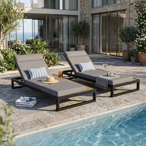 English Elm Black Iron and Teak Outdoor Chaise Lounge with Cushion Patio Poolside Recliner Dark Grey N770P453069B_N770P285267G