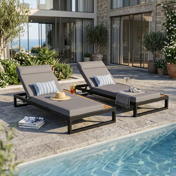 English Elm Black Iron and Teak Outdoor Chaise Lounge with Cushion Patio Poolside Recliner Dark Grey N770P453069B_N770P285267G