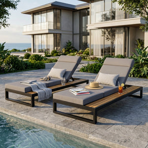 English Elm Black Iron and Teak Outdoor Chaise Lounge with Cushion Patio Poolside Recliner Dark Grey N770P453069B_N770P285267G