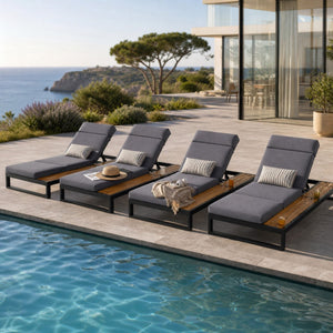 English Elm Black Iron and Teak Outdoor Chaise Lounge with Cushion Patio Poolside Recliner Dark Grey N770P453069B_N770P285267G