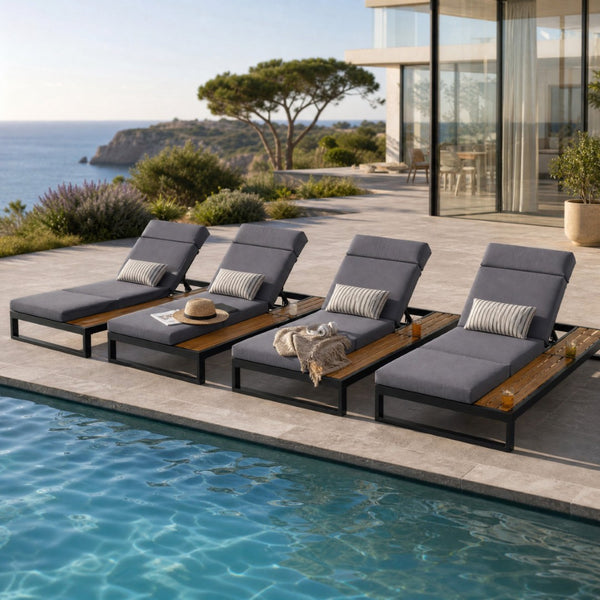 English Elm Black Iron and Teak Outdoor Chaise Lounge with Cushion Patio Poolside Recliner Dark Grey N770P453069B_N770P285267G