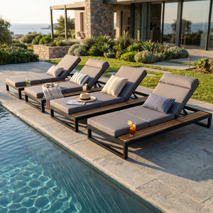 English Elm Black Iron and Teak Outdoor Chaise Lounge with Cushion Patio Poolside Recliner Dark Grey N770P453069B_N770P285267G