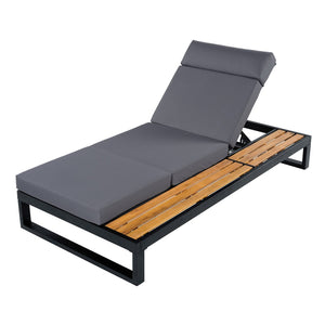 English Elm Black Iron and Teak Outdoor Chaise Lounge with Cushion Patio Poolside Recliner Dark Grey N770P453069B_N770P285267G