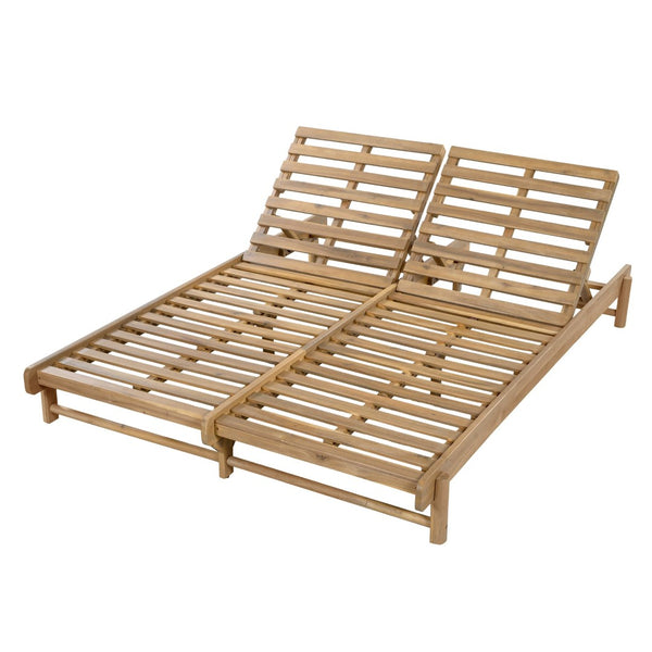 English Elm Light Teak Acacia Wood Two-Person Outdoor Chaise Lounger with Adjustable Slatted Reclining N770P455480L
