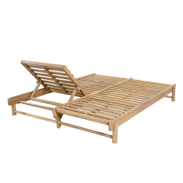 English Elm Light Teak Acacia Wood Two-Person Outdoor Chaise Lounger with Adjustable Slatted Reclining N770P455480L