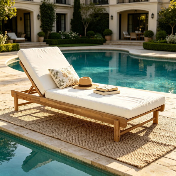 English Elm Light Teak Acacia Wood Outdoor Chaise Lounge with Cushion Adjustable Backrest Patio N770P455482L_65429.00CUSH