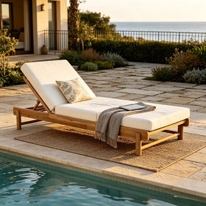 English Elm Light Teak Acacia Wood Outdoor Chaise Lounge with Cushion Patio Poolside Lounger Cream N770P455482L_N770P208317C