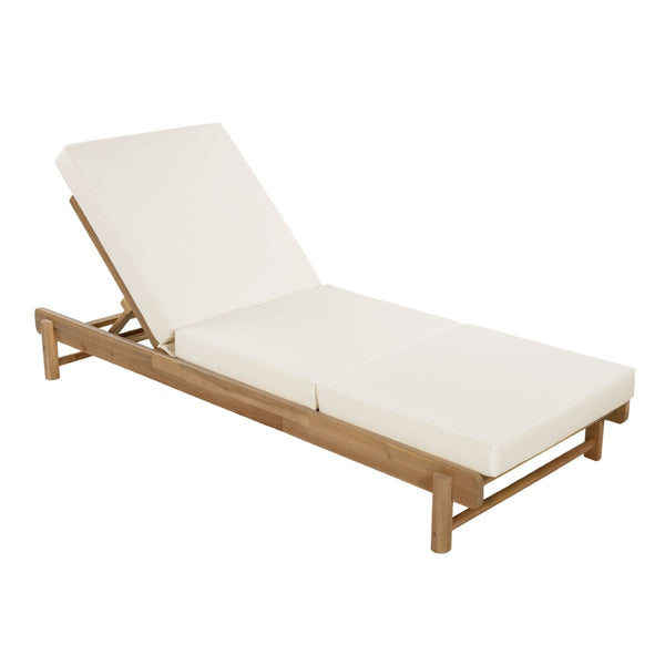 English Elm Light Teak Acacia Wood Outdoor Chaise Lounge with Cushion Patio Poolside Lounger Cream N770P455482L_N770P208317C