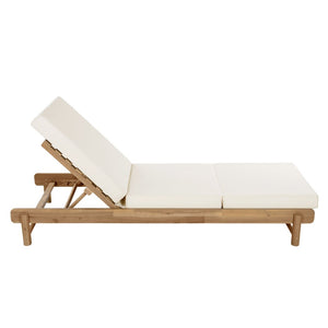 English Elm Light Teak Acacia Wood Outdoor Chaise Lounge with Cushion Patio Poolside Lounger Cream N770P455482L_N770P208317C