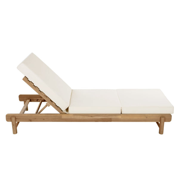 English Elm Light Teak Acacia Wood Outdoor Chaise Lounge with Cushion Patio Poolside Lounger Cream N770P455482L_N770P208317C