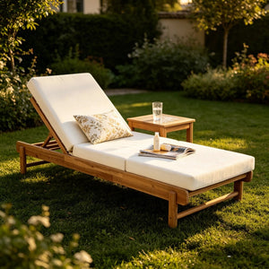 English Elm Light Teak Acacia Wood Outdoor Chaise Lounge with Cushion Patio Poolside Lounger Cream N770P455482L_N770P208317C