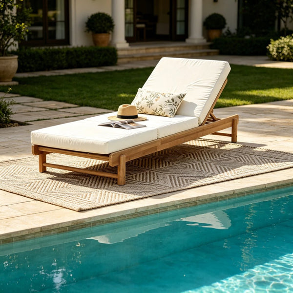 English Elm Light Teak Acacia Wood Outdoor Chaise Lounge with Cushion Patio Poolside Lounger Cream N770P455482L_N770P208317C