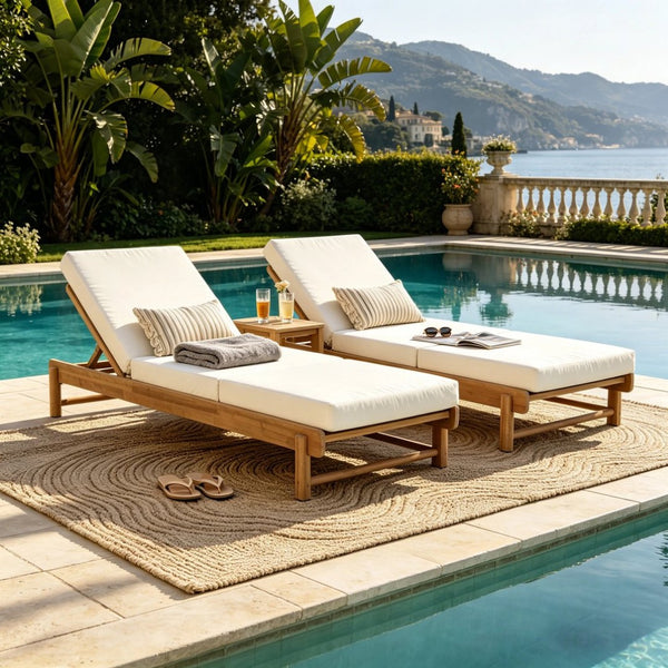 English Elm Light Teak Acacia Wood Outdoor Chaise Lounge with Cushion Patio Poolside Lounger Cream N770P455482L_N770P208317C