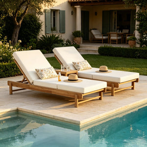 English Elm Light Teak Acacia Wood Outdoor Chaise Lounge with Cushion Patio Poolside Lounger Cream N770P455482L_N770P208317C