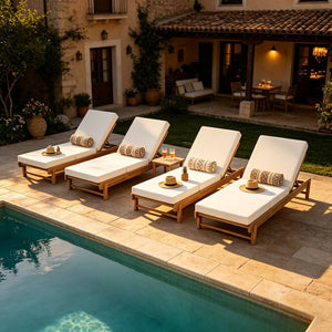 English Elm Light Teak Acacia Wood Outdoor Chaise Lounge with Cushion Patio Poolside Lounger Cream N770P455482L_N770P208317C