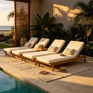 English Elm Light Teak Acacia Wood Outdoor Chaise Lounge with Cushion Patio Poolside Lounger Cream N770P455482L_N770P208317C